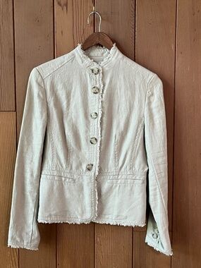 Michael Kors Beige Linen Jacket Blazer Fringe Trim Pleated back Size 4P